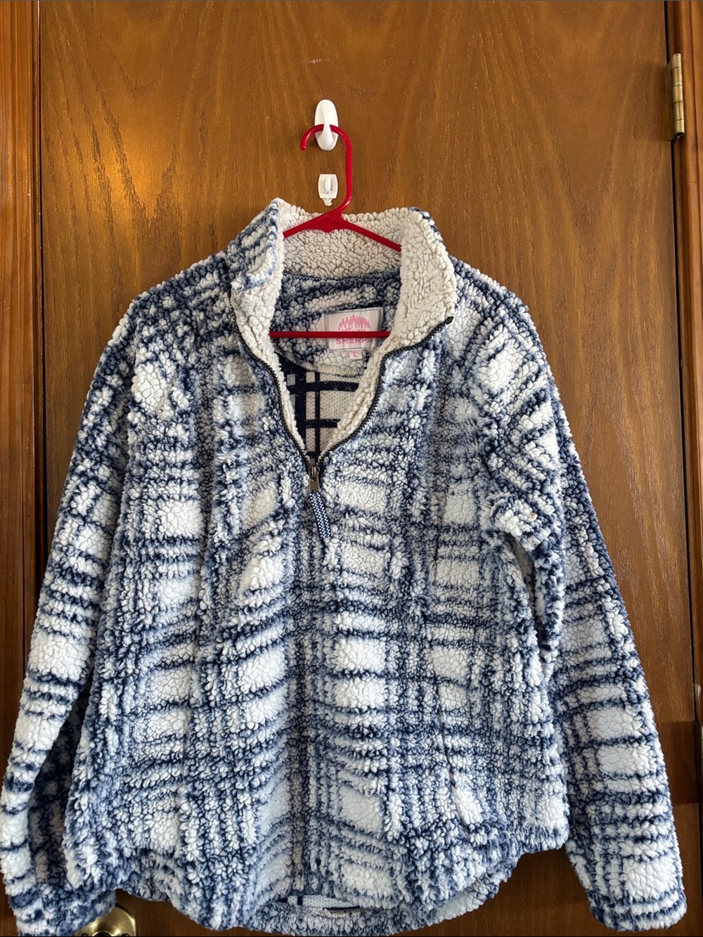 Plush Plaid Zip-Up Sherpa Pullover - Blue & White